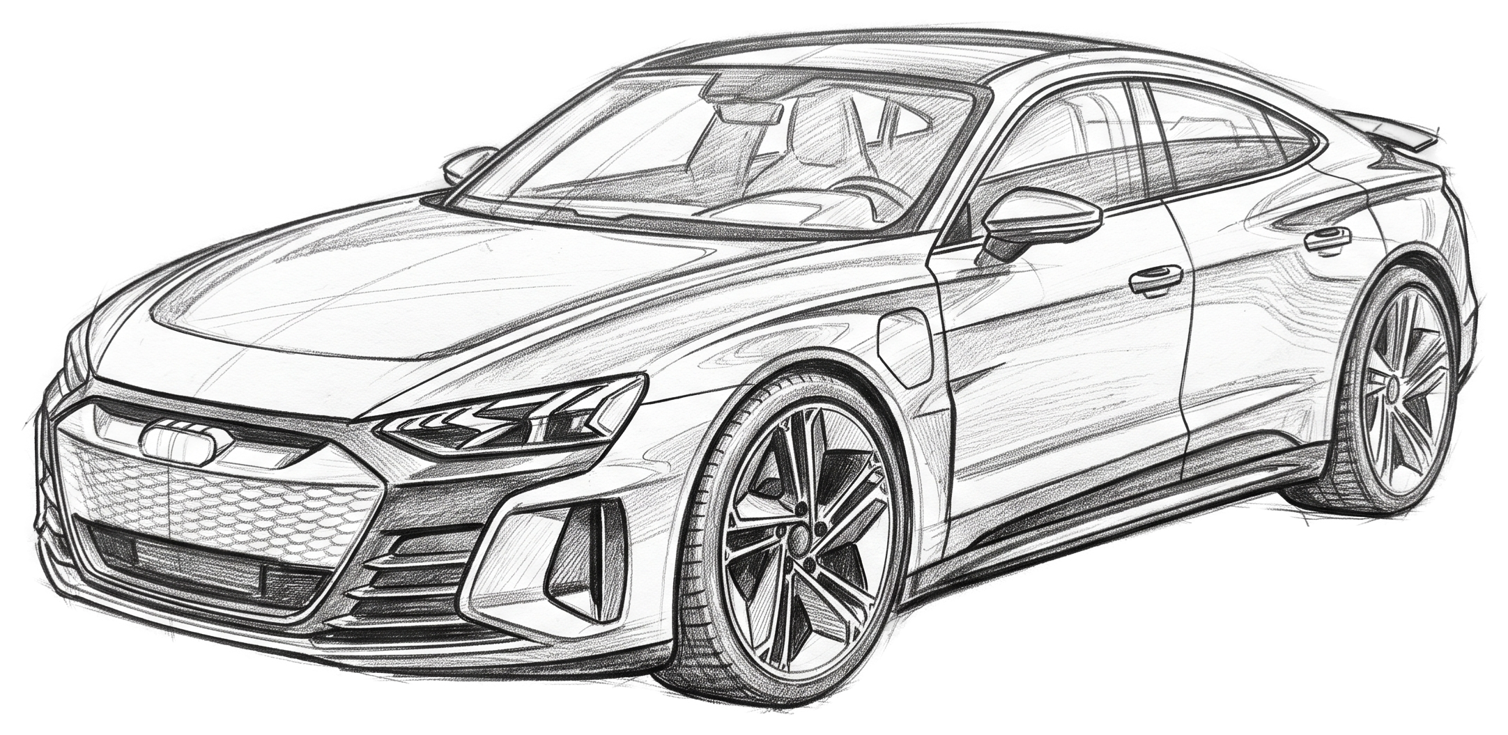 Croquis technique au crayon d'une voiture, vue en perspective, détouré